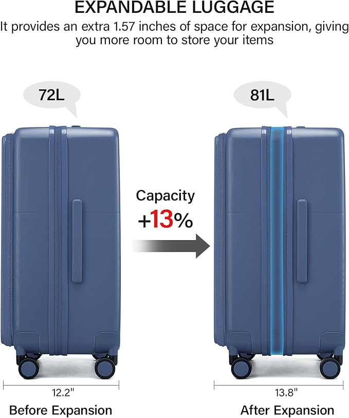 Hanke 24 Inch Expandable Checked Luggage with Cup Holder and Charger Port,Top Opening Hard Shell Suitcases with Wheels, Medium Travel Rolling Suitcase Trunk Luggage with Lock, Interstellar Blue