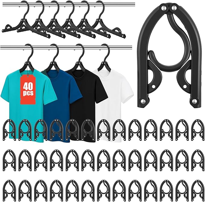 40 Pcs Foldable Hangers, Plastic Travel Hanger Organizer Folding Clothes Drying Rack Portable Traveling Accessories Essentials for Suitcase RV Camping Airplane Cruises Vacation, Black