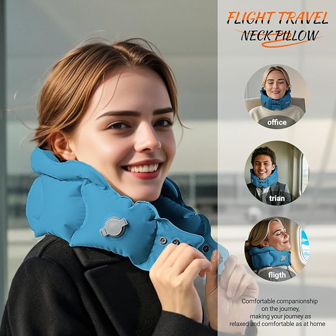 Inflatable Travel Pillow for Airplane, Inflatable Neck Pillow Airplane Pillow for Travel Office Nap Neck Support, Buy 1 Get 3 Professional Sleeping Eye Mask and Highly Silent
