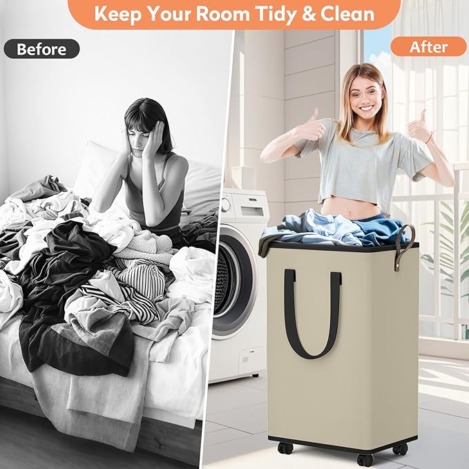 Laundry Basket with Wheels, Collapsible Laundry Baskets, Laundry Hamper with Handles Detachable Wheels, Rolling Laundry Basket, Dirty Clothes Hamper for Bathroom, Dorm, Bedroom, Beige, 100L