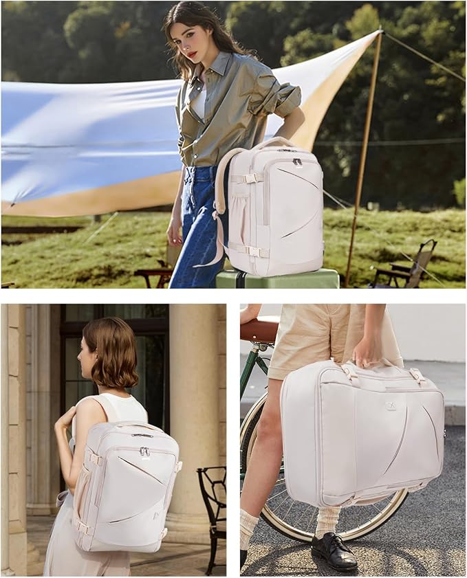 ECOHUB 17" Small Unisex Travel Backpack United Airlines Approved 17x10x9 Friendly Suitcase Anti-Theft Lockable Zippers Style Personal Item Bag Travel Essentials with 12 Pockets Water Resistant, White