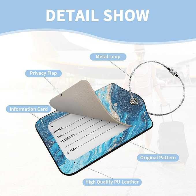 2 Pcs Luggage Tag for Suitcases, Marble PU Leather Suitcase Tag Privacy Cover Name ID Label with Metal Loop, Personalized Baggage Identifier for Women Cruise Bag Travel Essentials