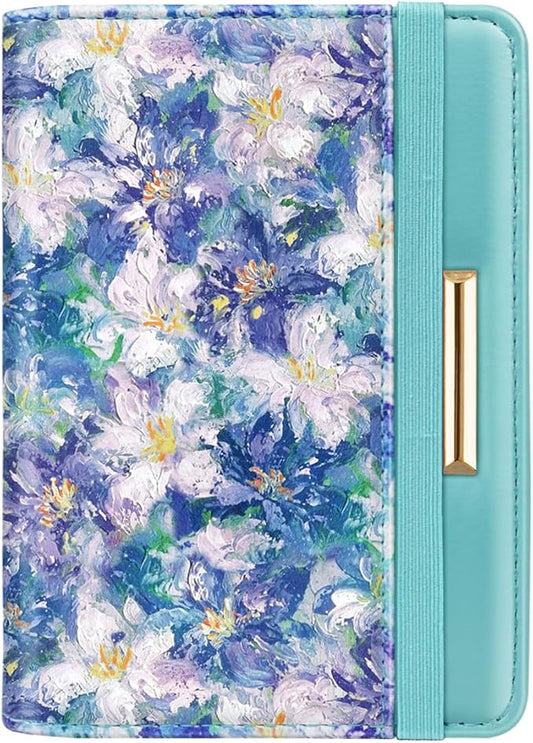 Passport Holder Cover, RFID Travel Wallet Credit Card Holder Blue Green Cute Floral Passport Book Holders for Women with Elastic Band and Golden Metal Decoration, Blue Flowers