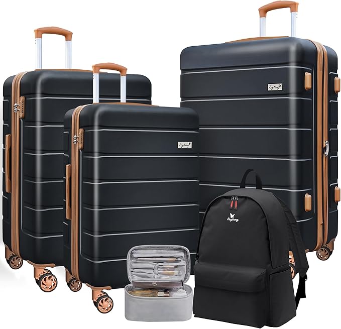 Explorer Luggage Set, Lightweight Hardside Suitcase, Expandable Carry-On Luggage with Travel Backpack & Cosmetic Makeup Bag, 5-Piece Set (20in/24in/28in), Black Brown