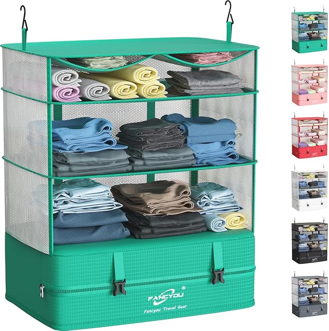 Compressible Packing Cubes Portable Hanging Closet Shelves 17"x12"x24" Extendable Travel Organizer Nylon Packing Bags for Suitcase