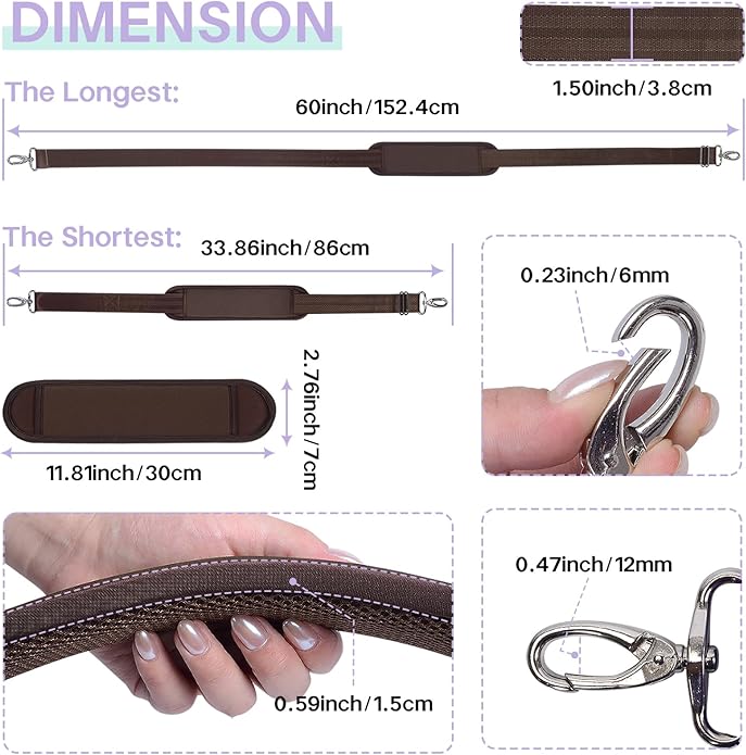60 Inch Shoulder Strap with Removable Ultra-Thick Pad，Adjustable Buckles and Metal Hooks