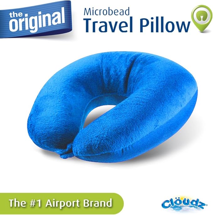 Cloudz Dual Comfort Microbead Airplane Travel Neck Pillow. Soft Cozy Plush Fabric on One Side, Cool Relaxing Spandex on The Other! Customize Your Comfort and Support at Home or On The Go! Bright Blue