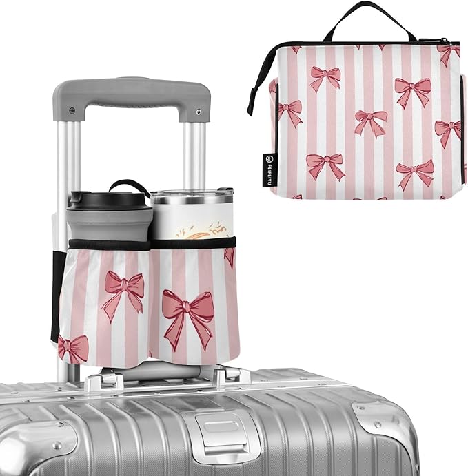 Pink White Stripes Bows Luggage Cup Holder Travel Portable Free Hand Drink Carrier Suitcase Drinks Beverage Holder Carry-On Bottle Mug Holder Organizer Bag Travelers Accessories