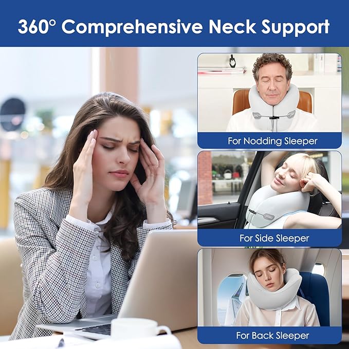 jiaao Travel Pillow Memory Foam Neck Support, Comfortable Airplane Neck Pillow with Adjustable Drawstring for Planes, Cars, Trains, and Long Journeys