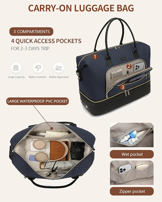 Duffle Bag for Women Travel, Weekender Bag Overnight Bag with Shoe Compartment, Carry on Bag with Crossbody Purse for Over Night, Weekend, Yoga, Gym, Business Trips, Hospital, Navy Black