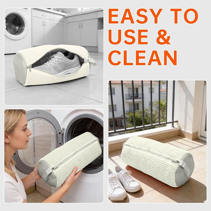 2PCS Shoes Washing Machine Bags, Laundry Shoe Bag for Washer and Dryer, Reusable and Durable Zipper Sneaker Shoe Washing Bag, Tennis Shoes Cleaning Bag for All Shoe Types (Ivory White)