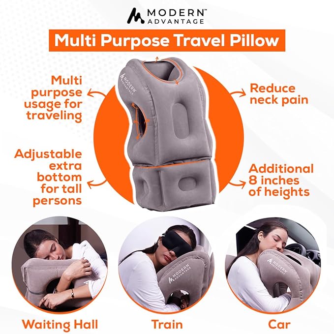 Modern Advantage Inflatable Travel Pillow with Adjustable Extra Bottom Support Neck Pillow for Chin & Head Stability Prevents Neck Pain Plane Pillow for Long Flight Travel - Eye Mask & Earplugs - Grey