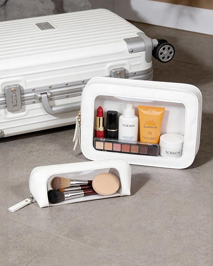 LETGO 2Pack Clear Makeup Bags Set, Small Clear Makeup Bag, PU Leather Travel Makeup Brush Case Portable Transparent Waterproof Cosmetic Organizer Pouch with Zipper for Women(2Pack-White Set)