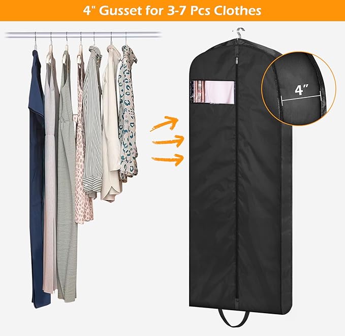 MISSLO 65" Long Garment Bags for Travel Dress Bags for Hanging Clothes Wedding Dress Cover Waterproof Clothes Protector for Closet Storage 2 Packs for Gowns, Tuxedos, Coats, Black