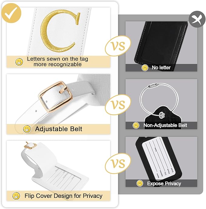 Initial Luggage Tags for Suitcases, Cute Embroidered Letter Luggage Bag Suitcase Identifier Name Baggage Tag, PU Leather Travel Luggage Tags, Bag Tags for Men Women Kids Luggage Handbags(White C)