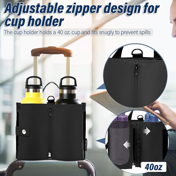 Luggage Cup Holder for Suitcases, Portable Foldable Travel Cup Holder with Handle and Hook, Luggage Drink Holder for Two Coffee Cups,Gift for Flight Attendants