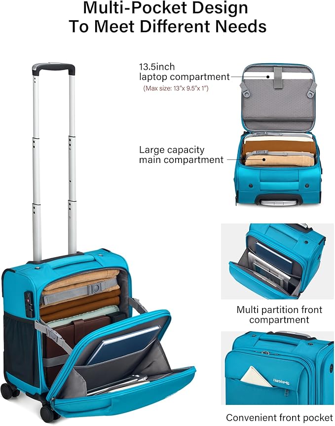Hanke 16 Inch Underseat Carry On Luggage with Wheels Small Suitcase Softside Luggage Bags for Travel Lightweight Suitcases with Wheels Travel Luggage Personal Item for Men and Women(Caribbean Blue)