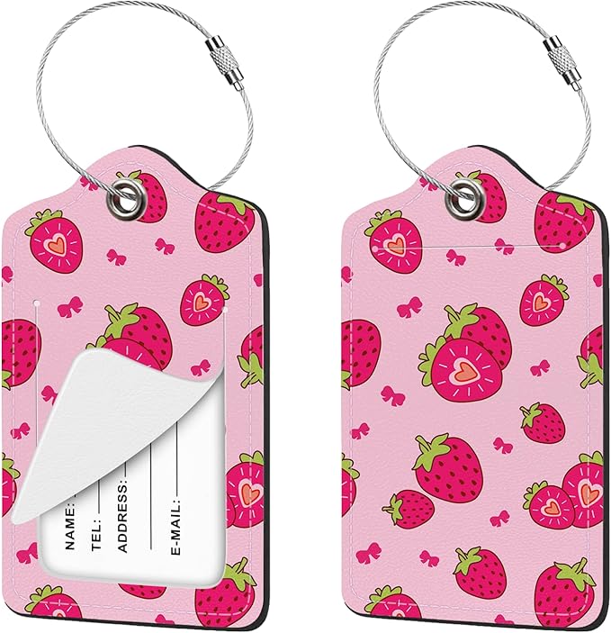 2 Pcs Luggage Tag for Suitcases, Cute Strawberry Bows PU Leather Suitcase Tag Privacy Cover Name ID Label with Metal Loop, Personalized Baggage Identifier for Women Bag Travel Essentials