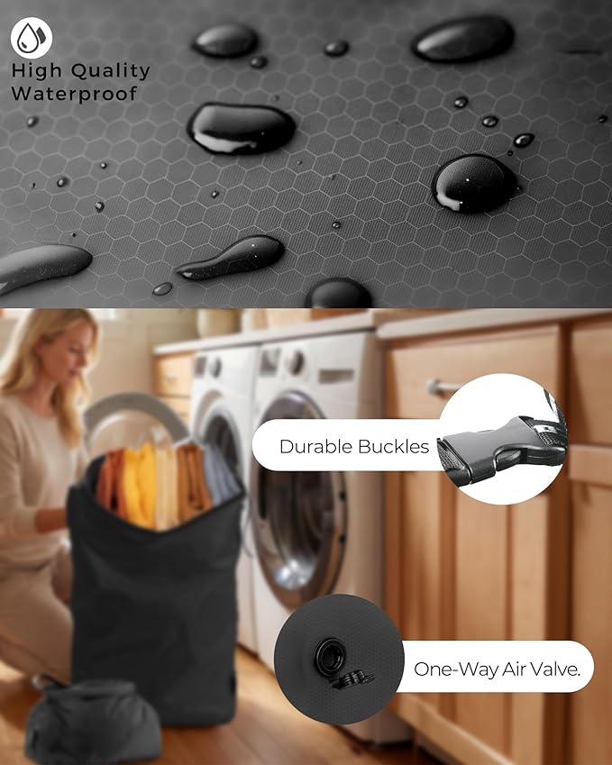 Travel Laundry Bag, Pump-Free Vacuum Compression Dirty Clothes Bag, Extra Large Reusable Waterproof & Washable Laundry Bag, Ideal for Suitcases, Road Trip Essentials, Black, 1 Pack (XL)