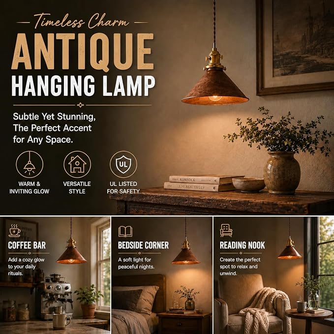 Rusted Copper Kitchen Hanging Lights 8.2 Inch Industrial Lampshade Retro Farmhouse Pendant Light for Bedroom Barn and Bar Foyer Lighting Fixtures 2 Pack