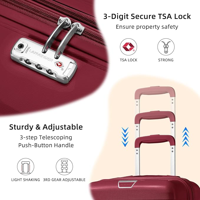 LARVENDER Carry On Luggage 22x14x9 Airline Approved, 20 Inch Hardshell & Lightweight PP Travel Carry On Suitcase for Women with Spinner Wheels TSA Lock, Maroon