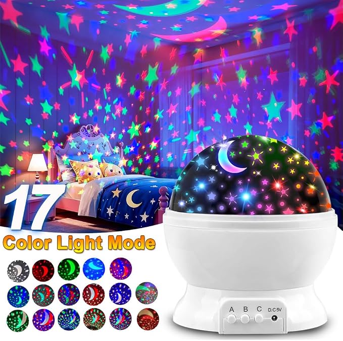 Night Light Projector,USB or Battery Operated lamp Portable Light,Color Changing Lights for Bedroom Kids Night Light,Room Decorations Rotating Star and Moon Ceiling Projector.（White）