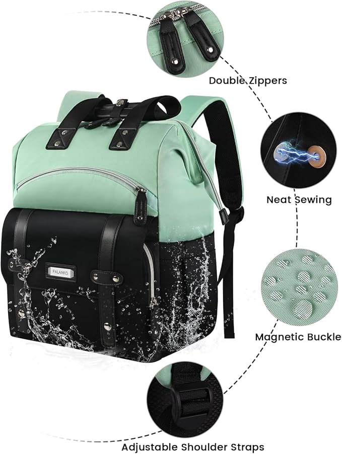 FALANKO Laptop Backpack for Women,College Work Teacher backpack for 15.6 Inch laptop,Travel Anti Theft Laptops Backpack RFID, Shoulder Purse Bags Green Black