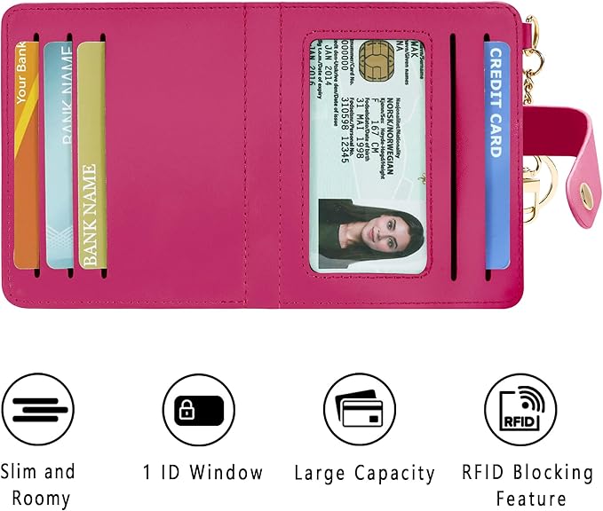 Airkit Small Wallets Woman RFID Blocking Leather Credit Card Holder - with ID Window - Card Wallets for Women - with Zipper Coin Purse - Keychain Wallet