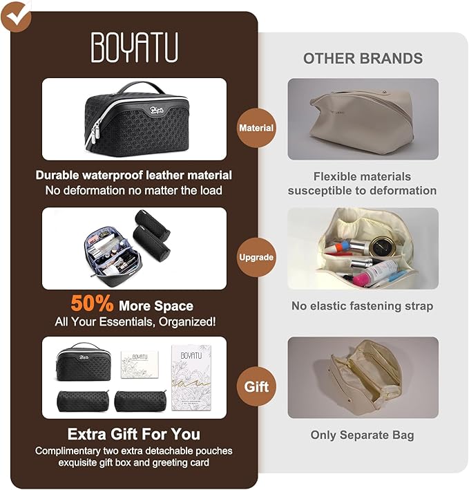 BOYATU Travel Makeup Bag Cosmetic Bags for Women: Large Capacity 3 Pcs Set Make up Bag with Compartments - Waterproof Vegan Leather Toiletry Organizer Bags with Handle (M-71Black)