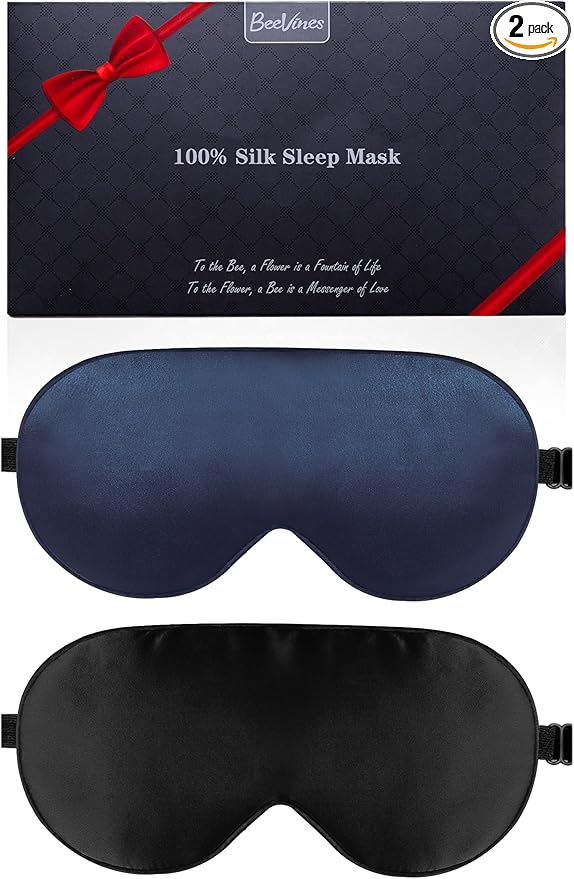BeeVines 100% Real Mulberry Silk 2 Pack Sleep Mask, Pure Silk Eye Masks with Adjustable Strap for Sleeping, 100% Block Light Eye Sleep Shade Cover, Reduces Puffy Eyes Traveling Gifts(Black & Blue)