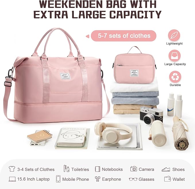 Travel Duffel Bag with Shoes Compartment, Overnight Weekender Bags for Women, Carry on Personal Item Travel Set