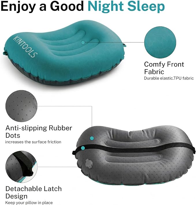 Camping Pillow-Compressible, Ultralight Inflatable,Compact, Comfortable, Ergonomic Inflating Pillows for Neck & Lumbar Support While Camp, Hiking(Grain Blue,with Anti Slip Straps)