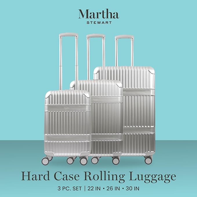 Martha Stewart The Bedford 3 Piece Rolling Luggage Set, Hardshell Suitcases with Spinner Wheels, 22/26/30 Inch, Silver