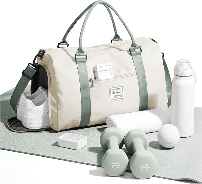 Weekender Duffel Bags for Women & Men - Airplane Travel Totes with Wet Pocket & Shoe Compartment - Labor & Delivery Hospital Bag, Beige Green