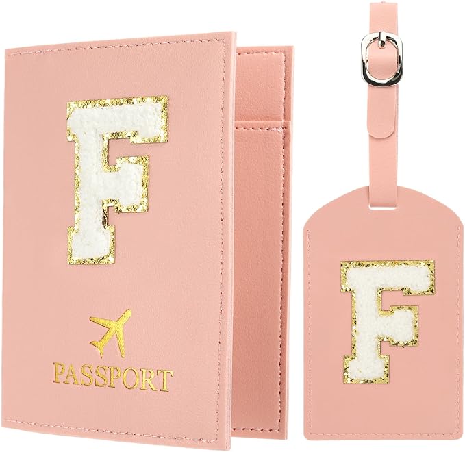 PATIKIL Passport Holder for Travel, Initial Passport Cover and Luggage Tag Set with Alphabet Chenille Letter Patch Travel Wallet Bag Suitcase Identifier for Women Family Travel Pink F