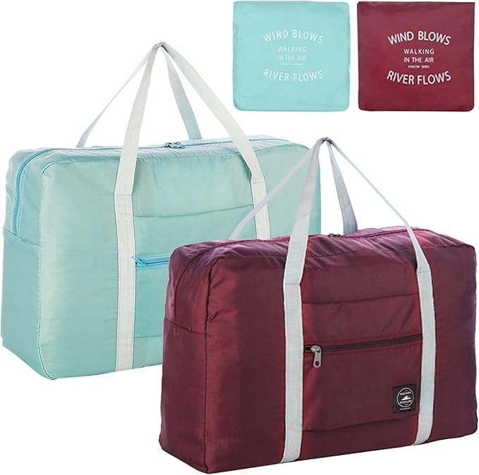 Foldable Travel Duffel Bag 2PCS Tote Carry on Luggage Bag Spirit Airlines Personal item Sports Gym Bag Water Resistant Weekender Overnight Bags for Women and Men (Green+Red)
