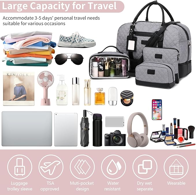 Wogarl Weekender Bags for Women Large Overnight Bag Weekend Travel Duffel Bag Carry on Shoulder with Shoe Compartment Toiletry Bag for Travel Business Gym