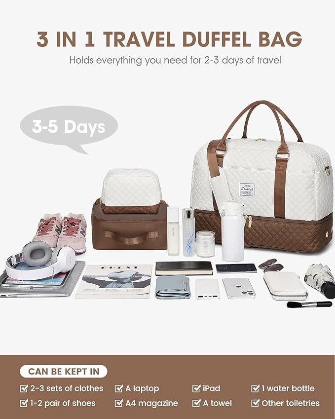 Weekender Travel Duffle Bag for Women: Overnight Bags with Shoe Compartment Carry on duffel Bag for Airplanes with 2 PCS Toiletry Bags Weekend Yoga Gym Hospital Bag with Wet Pocket Brown