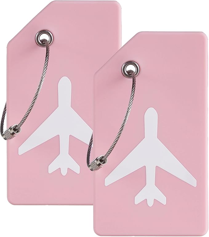 8 Pcs Luggage Tags for Suitcases, 26 Initial Letter Travel Luggage Baggage Identification Labels ID Tags Fully Bendable Tags with Stainless Steel Loop (Plane, Pink)