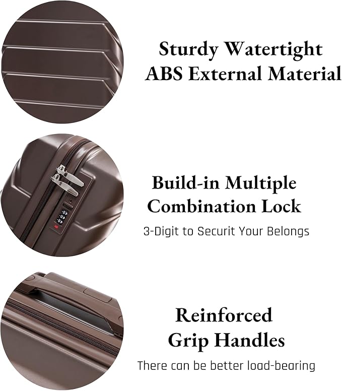 2-Piece ABS Hard Shell Lightweight Carry-On Luggage Set (14" & 20"), 360-Degree Spinner Wheels, Adjustable Telescopic Handle and Combination Lock for Travel, Brown