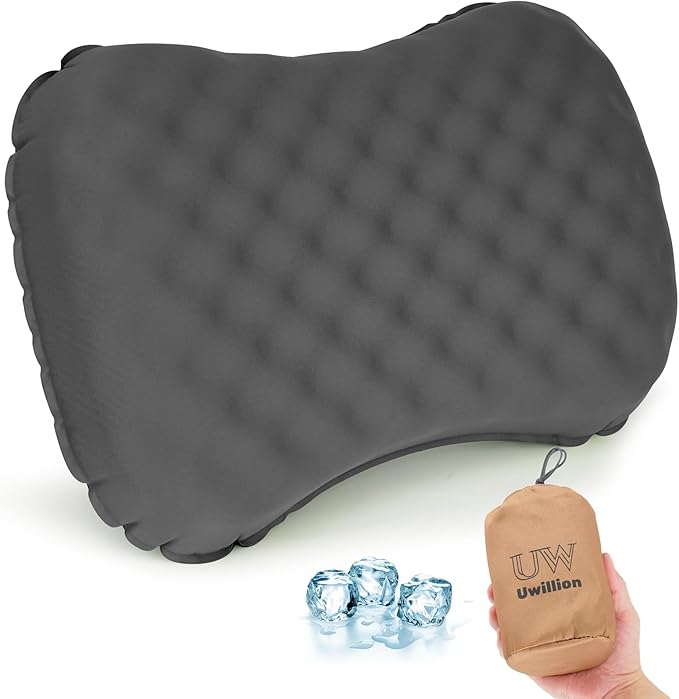 Camping Pillow with Ice Silk Memory Foam Cover - Ultralight Inflatable Pillow for Camping Lightweight, Ergonomic and Washable for Camping, Hiking, and Travel Gray