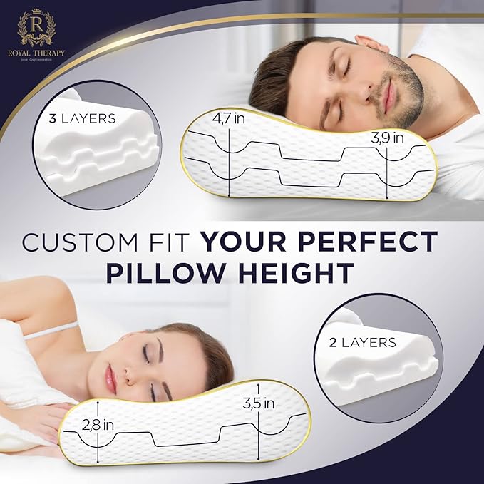 Royal Therapy Memory Foam Pillow, Queen Neck Pain Relief, Contour Cervical Pillow, for Neck and Shoulder Pain, Side, Back and Stomach Sleeper, 24x14x5 inches