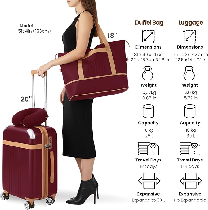 Santino Luggage Sets 3 Piece Carry On Luggage Set 20 Inch Hardshell & Lightweight PP Luggage Suitcase with Detachable Spinner Wheels & TSA Lock 20" Suitcase with Duffel & U-shaped pillow