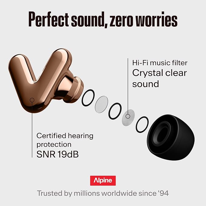 Alpine Tune Earplugs, Concert Ear Plugs for Noise Reduction, High Fidelity Music Quality, 19dB Hearing Protection with Crystal Clear Sound, Incl. 4 Sizes, Parties, Raves, Festivals & Clubs, Rose Gold