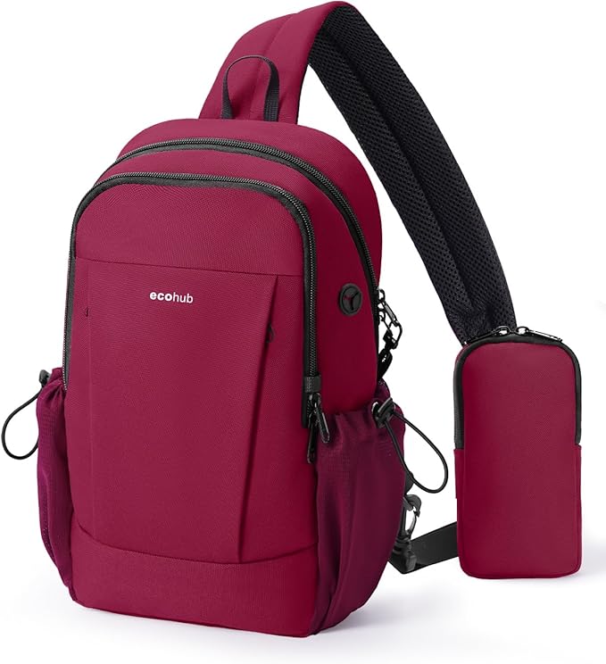 ECOHUB Anti-Theft Crossbody Bag Men Women, RFID Blocking Lightweight Sling Backpack Eco-Friendly with 9 Pockets Sturdy SBS Zippers Water Resistant for Travel Work Hiking Outdoor, Red