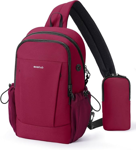 ECOHUB Anti-Theft Crossbody Bag Men Women, RFID Blocking Lightweight Sling Backpack Eco-Friendly with 9 Pockets Sturdy SBS Zippers Water Resistant for Travel Work Hiking Outdoor, Red
