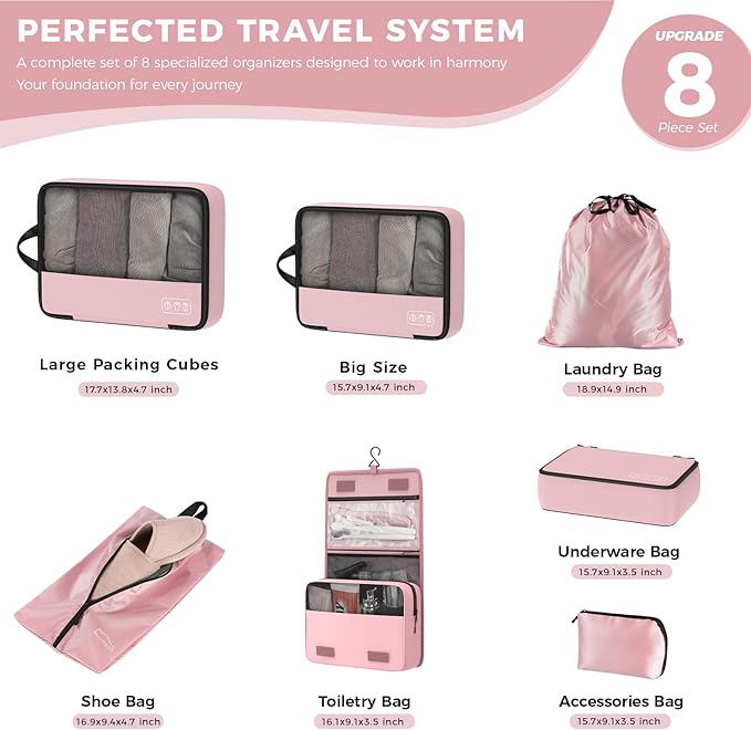 8-Piece Compression Packing Cubes for Travel, Stylish Luggage Organizer Set for Women, Space Saving Travel Essentials, Perfect for Vacation Cruise, Weekend Getaways & Carry-On Packing - Light Pink
