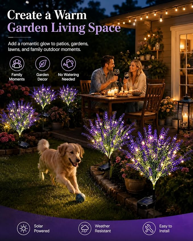 Geegoods Lavender Solar Garden Lights, 2 Pack Outdoor LED Flowers | 2 purple lavender solar flowers with LEDs; auto on/off, IP65 waterproof stakes for pathway, yard, patio and Halloween decor