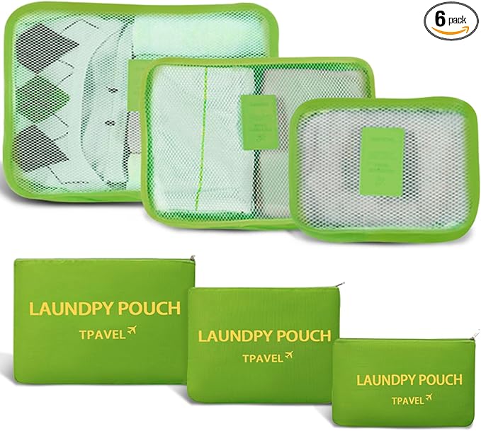 6 Set Packing Cubes for Travel Luggage Packing Bags Reusable Waterproof Suitcase Organizer Bags Set with Shoe Bag and Toiletry Bag (Green)