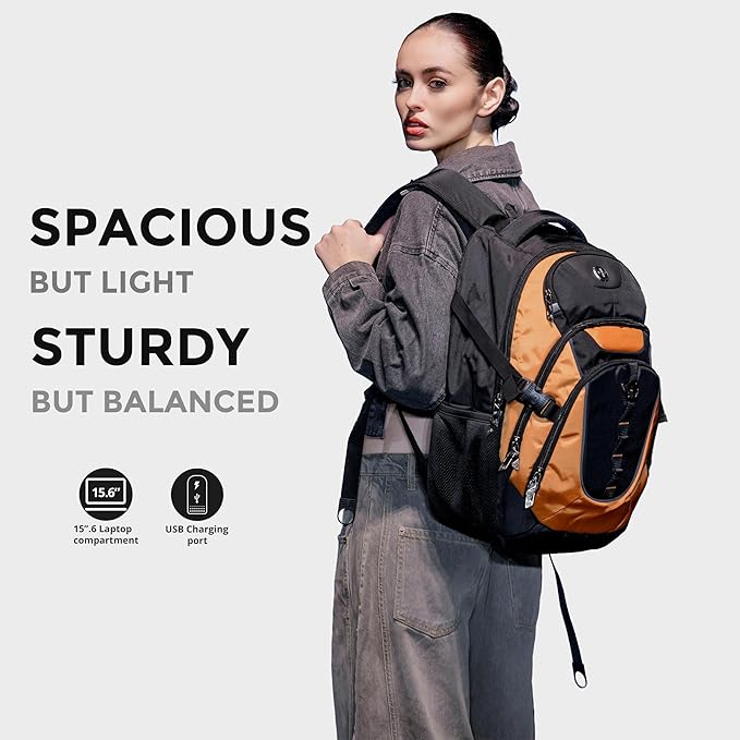 Swissdigital Design Laptop Backpack with USB Charging Port, Travel Backpack Fits 15.6 inches Computer, 31L College School Backpack for Men, Orange/Black | SD803-66